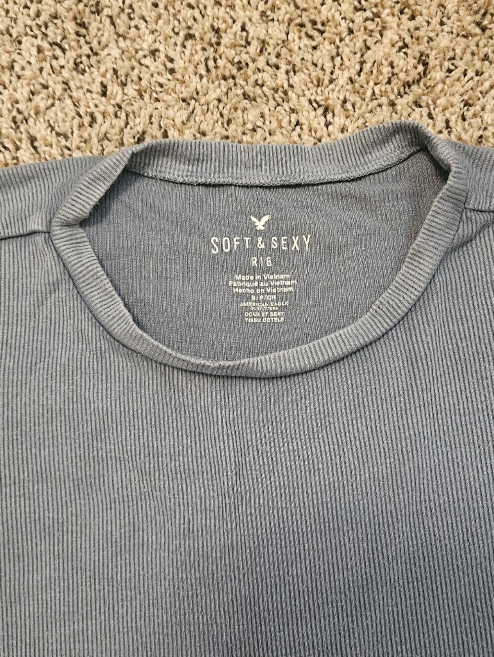 🦋American Eagle Soft &Sexy Ribbed Crew Neck Shirt - Slate Blue-size Sm